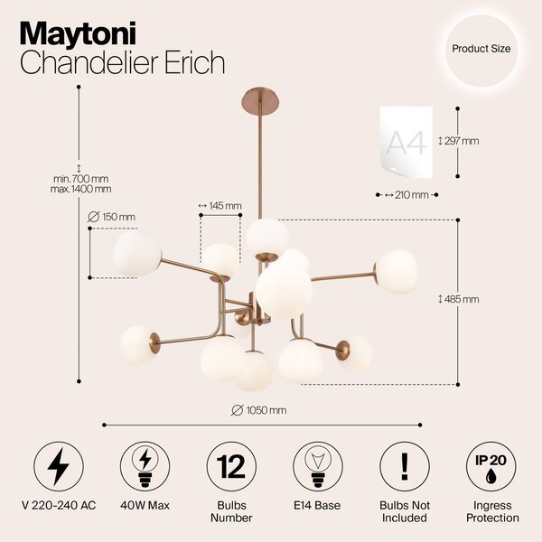 Maytoni Żyrandol Erich, możliwość ściemniania, mosiężny / złoty, salon / jadalnia, metal, nowoczesny