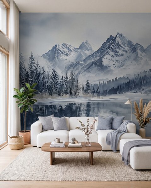 Fototapety Alpy w śniegu, zimowy las, zamarznięte jezioro, niebieska paleta kolorów , Fototapety Natura, w02358 : Uwalls.pl