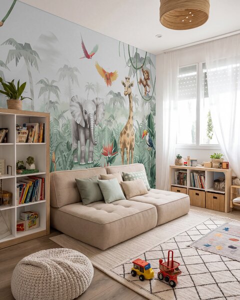 Fototapety Dziecięcy wzór dżungli z lwem, żyrafą, słoniem i papugami, Fototapety Zwierzęta, w02440 : Uwalls.pl