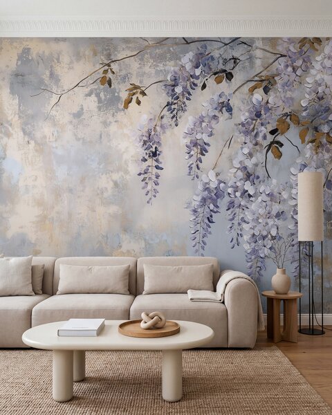 Fototapety teksturowana tapeta w miękkich, stonowanych kolorach z delikatnymi kwiatami i gałązkami wisterii, Fototapety Kwiaty, w02451 : Uwalls.pl