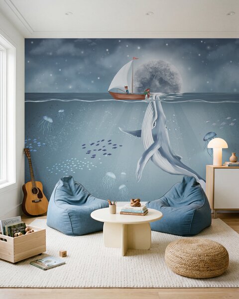 Fototapety Projekt dla dzieci z wielorybem, księżycem i łodzią z dziećmi, Fototapety Dziecięce, w02476 : Uwalls.pl
