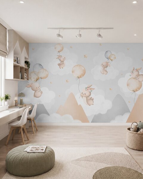 Fototapety Króliczki z balonikami na chmurach wśród górskich szczytów, Fototapety Zwierzęta, w03375v1 : Uwalls.pl