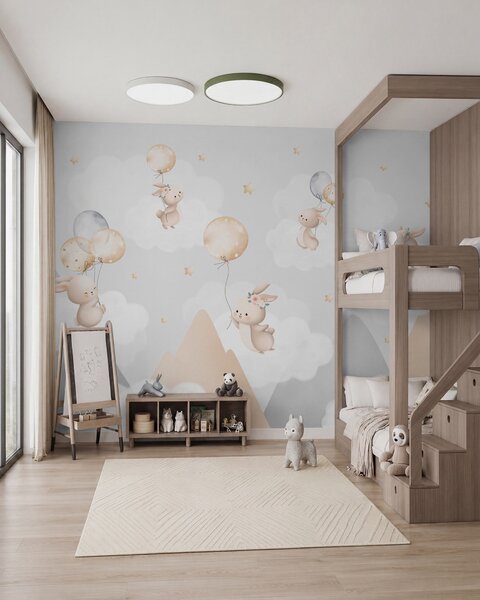 Fototapety Króliczki z balonikami na chmurach wśród górskich szczytów, Fototapety Zwierzęta, w03375v1 : Uwalls.pl