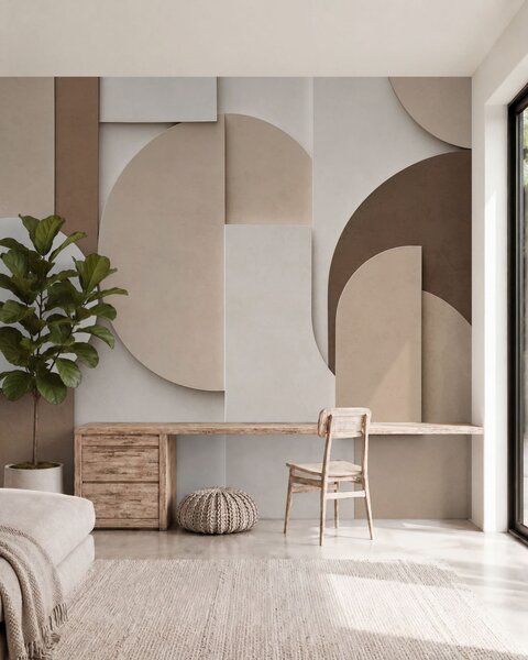 Fototapety Teksturowane beżowe figury geometryczne w wielowarstwowej kompozycji 3D – minimalistyczna,, Fototapety Geometryczne, w05598 : Uwalls.pl