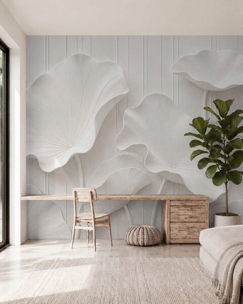 Fototapety Biała rzeźbiona kompozycja kwiatowa z warstwowymi płatkami – elegancka dekoracja ścienna w stylu 3D, Fototapety 3D, w05604 : Uwalls.pl