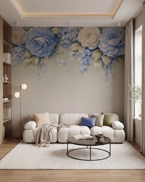 Fototapety Delikatne róże i bukiety kwiatów w inspirowanej porcelaną kompozycji botanicznej, z delikatnymi,, Fototapety Kwiaty, w05495 : Uwalls.pl
