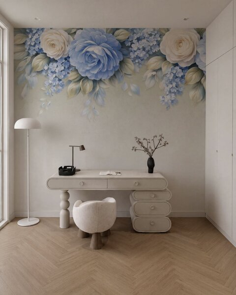 Fototapety Delikatne róże i bukiety kwiatów w inspirowanej porcelaną kompozycji botanicznej, z delikatnymi,, Fototapety Kwiaty, w05495 : Uwalls.pl