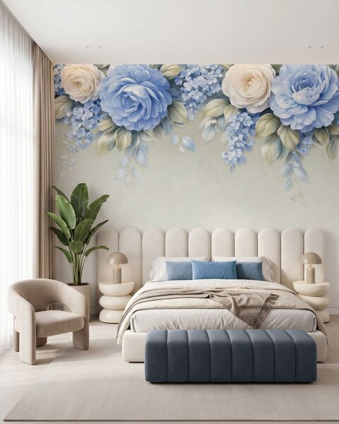 Fototapety Delikatne róże i bukiety kwiatów w inspirowanej porcelaną kompozycji botanicznej, z delikatnymi,, Fototapety Kwiaty, w05495 : Uwalls.pl