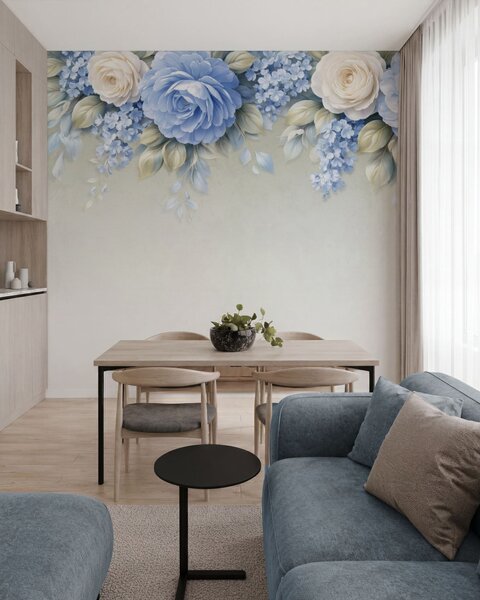 Fototapety Delikatne róże i bukiety kwiatów w inspirowanej porcelaną kompozycji botanicznej, z delikatnymi,, Fototapety Kwiaty, w05495 : Uwalls.pl