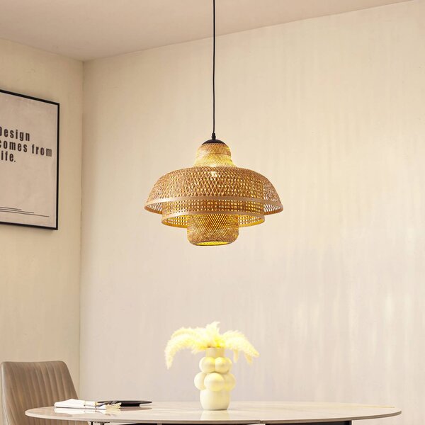 Lampa wisząca Rasmina Lucande, możliwość ściemniania, jasne drewno, salon / jadalnia, bambus, dworkowy / rustykalny
