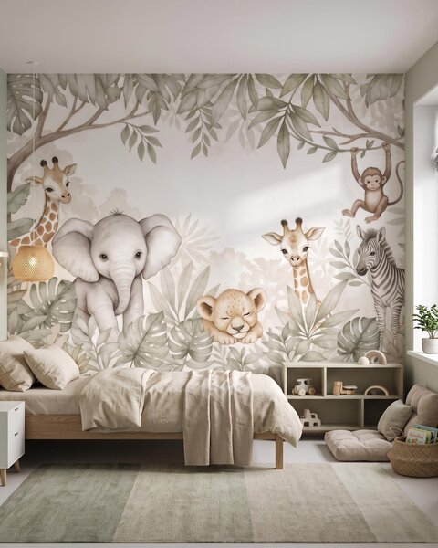 Fototapety Urocze zwierzęta z safari wśród tropikalnej roślinności, namalowane w stylu akwarelowym, Fototapety Zwierzęta, w09885 : Uwalls.pl