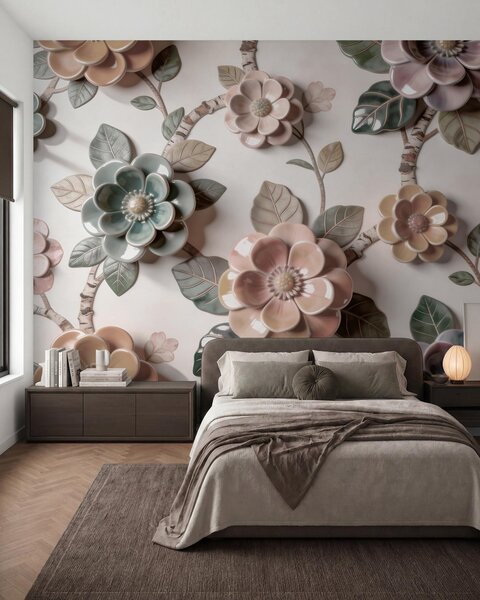 Fototapety Trójwymiarowe kwiaty ceramiczne w delikatnej pastelowej kolorystyce, Fototapety Kwiaty, w09887 : Uwalls.pl