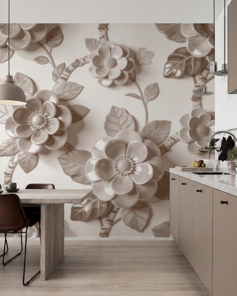 Fototapety Elegancka beżowa kompozycja z trójwymiarowych, rzeźbionych kwiatów, Fototapety Kwiaty, w09887v1 : Uwalls.pl