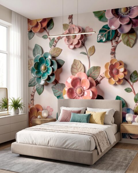 Fototapety Trójwymiarowe ceramiczne kwiaty i liście w żywej palecie barw, Fototapety Kwiaty, w09887v2 : Uwalls.pl