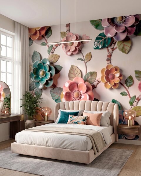 Fototapety Trójwymiarowe ceramiczne kwiaty i liście w żywej palecie barw, Fototapety Kwiaty, w09887v2 : Uwalls.pl