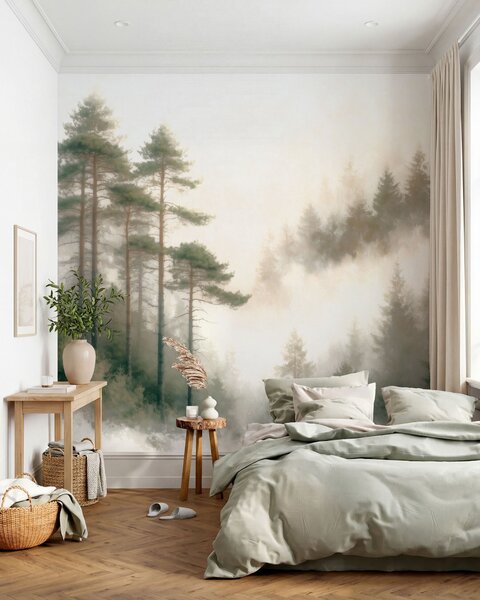 Fototapety Poranny las sosnowy w stylu akwarelowym, Fototapety Natura, w09916 : Uwalls.pl