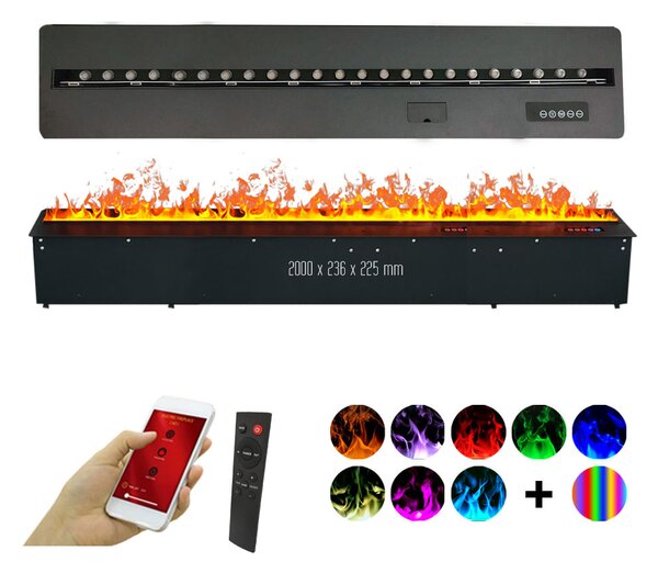 Wkład kominek elektryczny 3D do zabudowy z parą wodną, Led, z aplikacją, ElectricSun MISTique XXL 200 cm