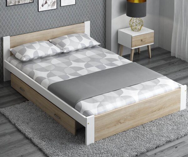 Łóżko DMD3 140x200 Białe + dąb sonoma z materacem i szufladą