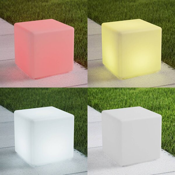 Lindby Akumulatorowa lampa zewnętrzna LED Cubara, RGB, sześcian, tworzywo Cubara Lindby, możliwość ściemniania, biały / opal, tworzywo sztuczne, nowoczesny