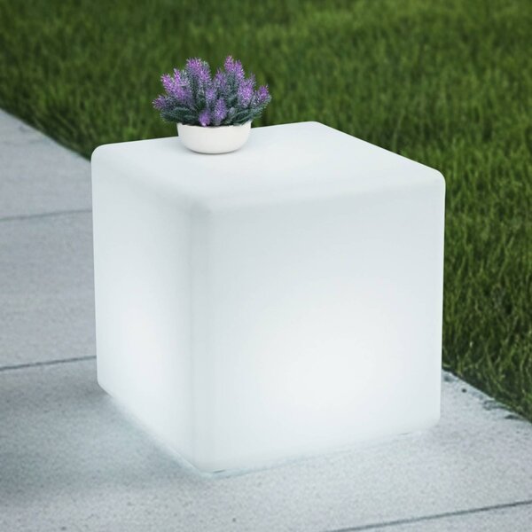 Lindby Akumulatorowa lampa zewnętrzna LED Cubara, RGB, sześcian, tworzywo Cubara Lindby, możliwość ściemniania, biały / opal, tworzywo sztuczne, nowoczesny