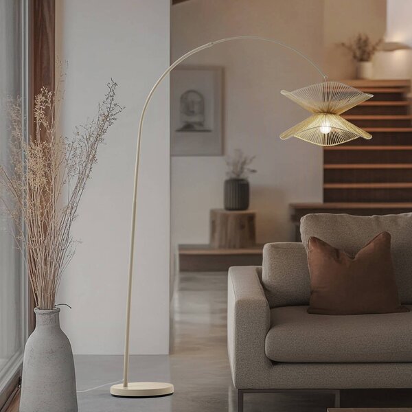 Lampa łukowa - lampa stojąca Valdorin Lindby, kremowy / amber, salon / jadalnia, papier / lunolit / lunopal, dworkowy / rustykalny