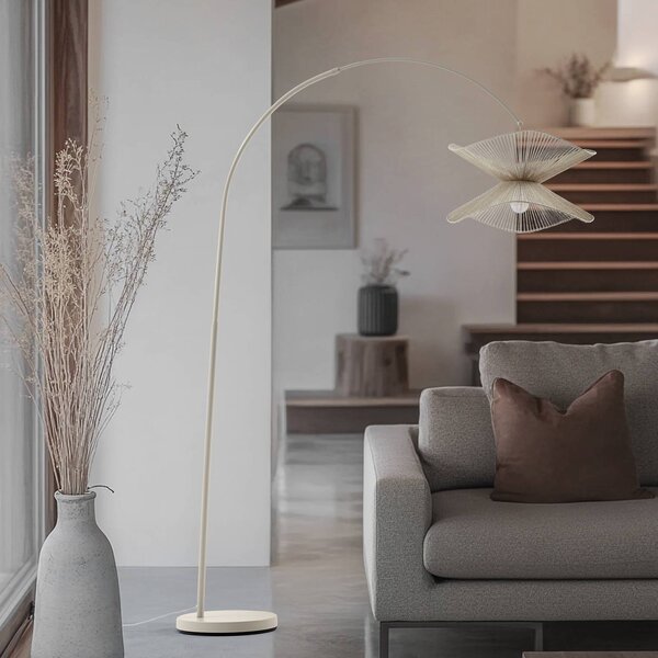 Lampa łukowa - lampa stojąca Valdorin Lindby, kremowy / amber, salon / jadalnia, papier / lunolit / lunopal, dworkowy / rustykalny