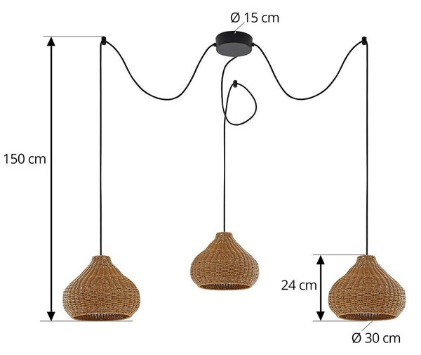 Lampa wisząca zewnętrzna Lucande Taniola, 3-punktowa, beżowa, rattan, IP44 Taniola Lucande, możliwość ściemniania, jasne drewno, drewno, dworkowy / rustykalny