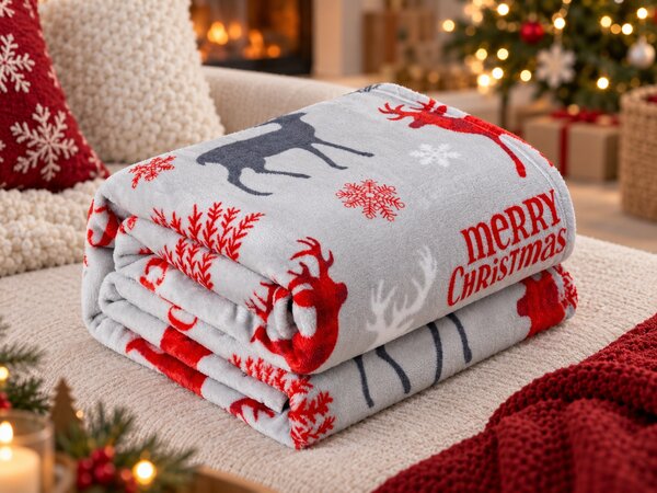 2x Szary świąteczny mikropluszowy koc MERRY CHRISTMAS DEER 160x200 cm