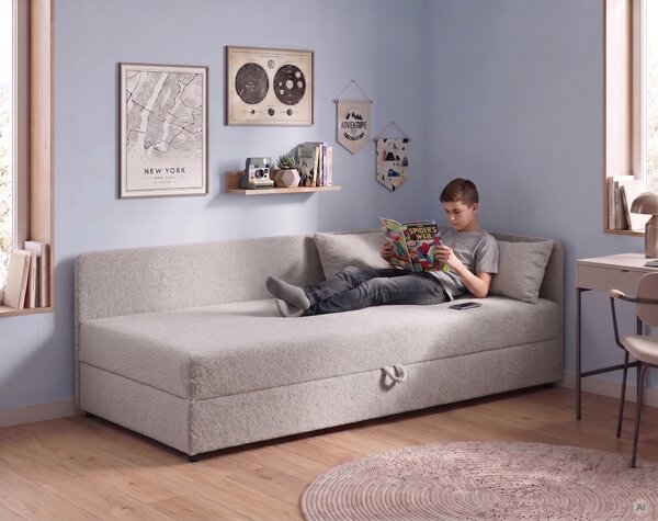 Tapczan łóżko jednoosobowe z pojemnikiem Hirek 90x200 baranek boucle brązowy