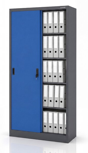 Biurowa szafa metalowa z drzwiami przesuwnymi antracytowo-niebieska: KUBA 900 x 1850 x 400 mm