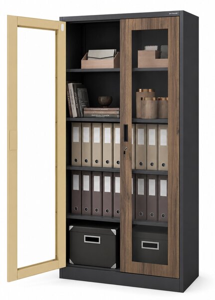 Szafa metalowa z witryną antracytowa / orzech: Eco Design AMELIA, 900 x 1850 x 400 mm