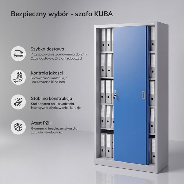Biurowa szafa metalowa z drzwiami przesuwnymi szaro-niebieska: KUBA 900 x 1850 x 400 mm
