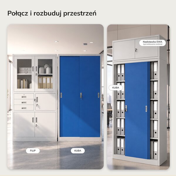 Biurowa szafa metalowa z drzwiami przesuwnymi szaro-niebieska: KUBA 900 x 1850 x 400 mm