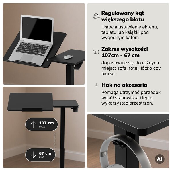 Stolik pod laptopa regulowany, mobilny, wielofunkcyjny, czarny: BILL