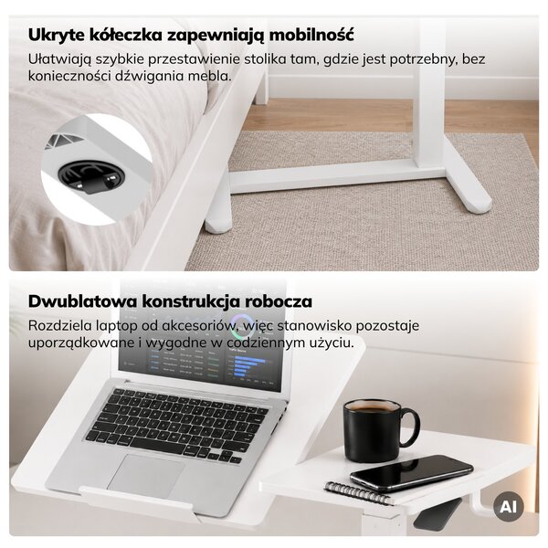 Stolik pod laptopa mobilny, regulowany, wielofunkcyjny, biały: BILL