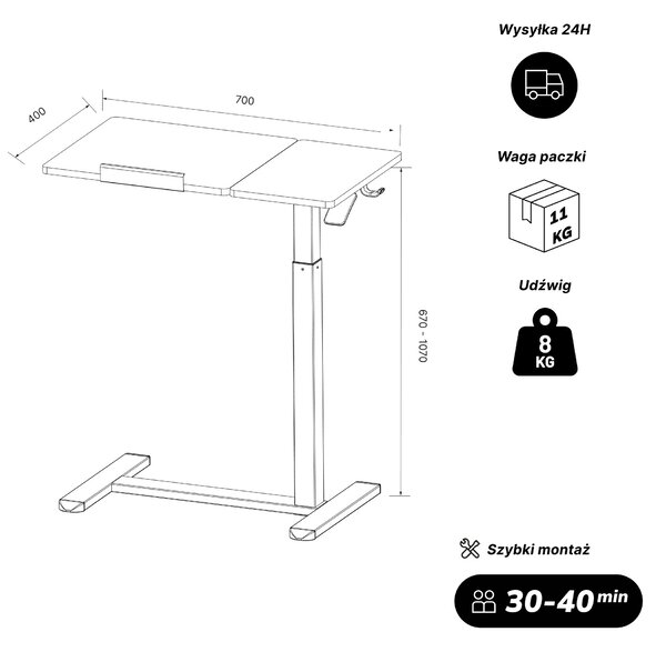 Stolik pod laptopa regulowany, mobilny, wielofunkcyjny, czarny: BILL