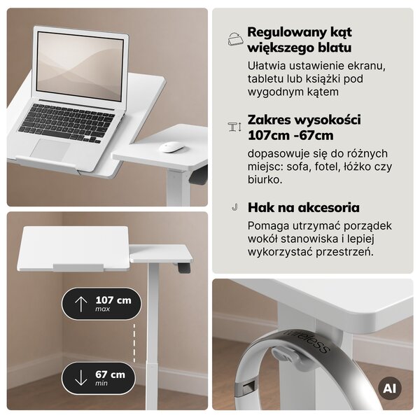 Stolik pod laptopa mobilny, regulowany, wielofunkcyjny, biały: BILL