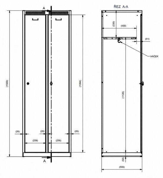 Szafa ubraniowa S7 obniżona, 2-drzwiowa, 1500 x 600 x 500 mm, demontaż, zamek cylindryczny, drzwi szare