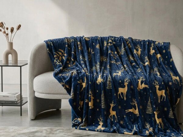 Świąteczny koc z mikropluszu GOLDEN DEER ciemnoniebieski Rozmiar: 150 x 200 cm