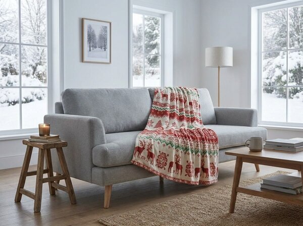 Biały świąteczny koc z mikropluszu CHRISTMAS JOY Rozmiar: 200 x 220 cm