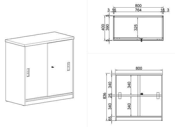 Szafka przesuwna ARRISTO LUX, 800 x 400 x 836 mm, brzoza