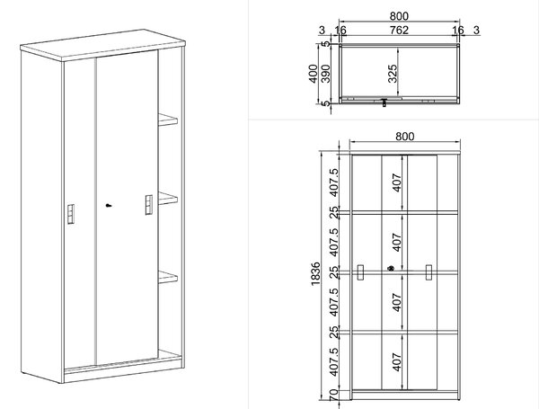 Szafa przesuwna ARRISTO LUX, 800 x 400 x 1836 mm, brzoza