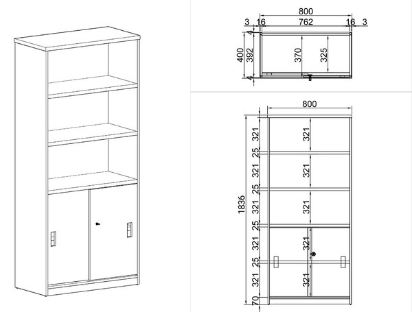Kombinowana szafa biurowa ARRISTO LUX, drzwi przesuwne, 800 x 400 x 1836 mm, brzoza