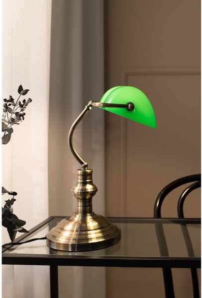 Zielona lampa stołowa z podstawą w kolorze mosiądzu Markslöjd Bankers, wys. 42 cm