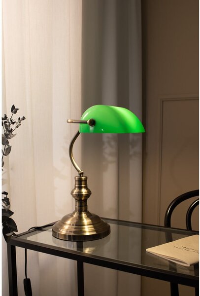 Zielona lampa stołowa z podstawą w kolorze mosiądzu Markslöjd Bankers, wys. 42 cm