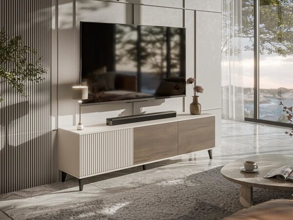 Kompaktowa szafka RTV na nóżkach kaszmir/orzech 150 cm | Umeblowana.com