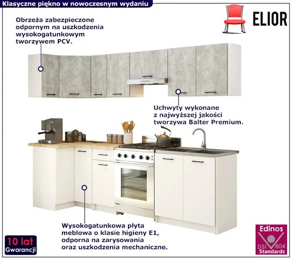 9-częściowy komplet narożnych mebli kuchennych biały + beton R2-N60