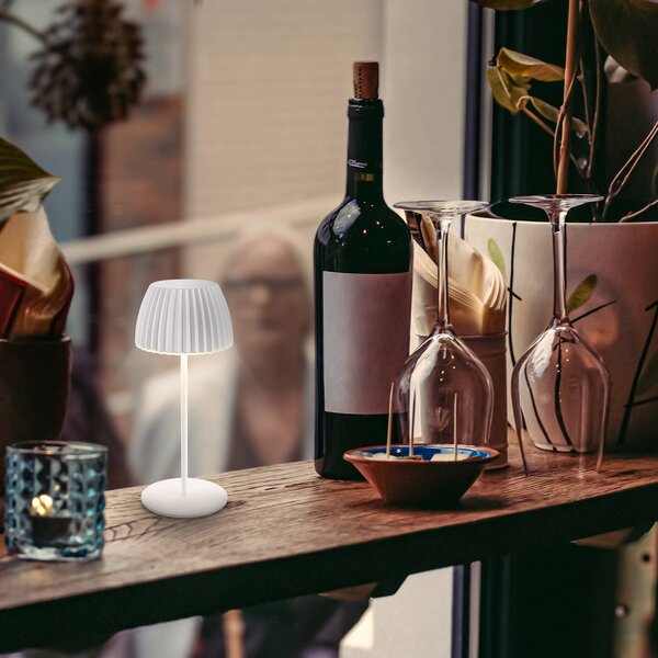 Briloner Lampa stołowa LED z akumulatorem Brilo unplugged Riffle, 20 cm, biała możliwość ściemniania, biały / opal, salon / jadalnia, metal