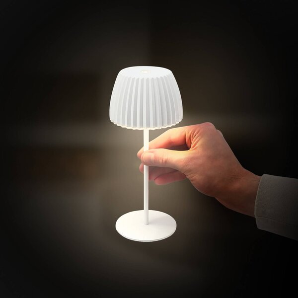 Briloner Lampa stołowa LED z akumulatorem Brilo unplugged Riffle, 20 cm, biała możliwość ściemniania, biały / opal, salon / jadalnia, metal