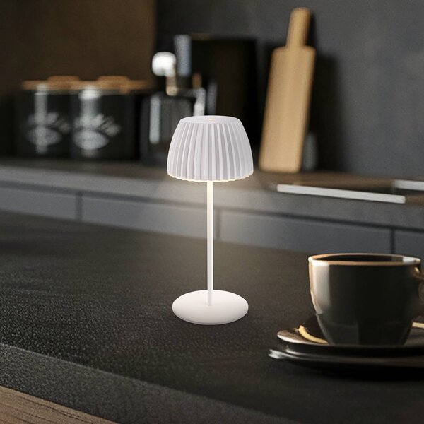 Briloner Lampa stołowa LED z akumulatorem Brilo unplugged Riffle, 20 cm, biała możliwość ściemniania, biały / opal, salon / jadalnia, metal